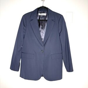 Zara Navy Blue Single Button Blazer Classic Lined Pockets Shoulder Pads Size L